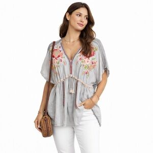 Johnny Was Cherise Embroidered Boho Tunic Blouse Grey Floral Cottagecore small